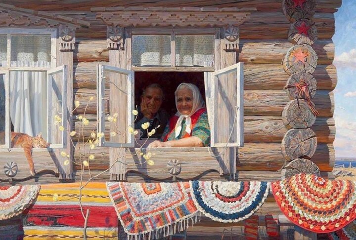 Неужели тепло? Это картина Татьяны Юшмановой «Весна. Дождались» с милыми бабулечками, котиком на солнышке и ковриками. П