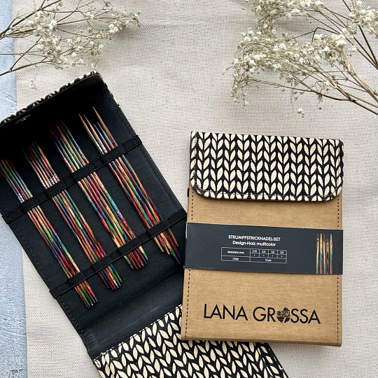 Lana Grossa Набор чулочных спиц 15 см 4х5 шт Радуга Дерево Бежевый чехол Магазин пряжи и инструментов для вязания СижуВяжу.рф